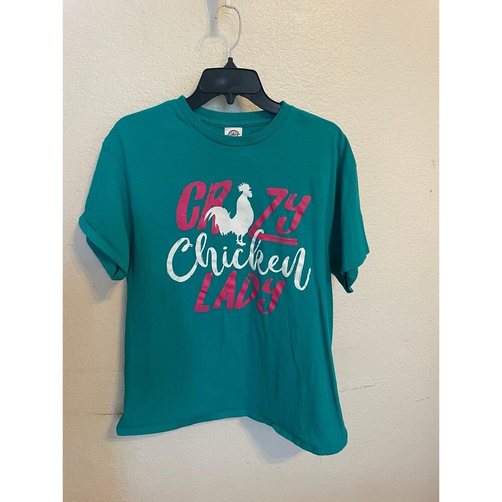 Crazy Chicken Lady Graphic T-Shirt Women’s Large Teal Cotton